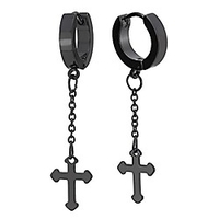 pair stainless steel black huggie hinged hoop earrings with dangling cross unisex men women