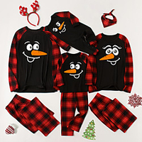 Pajamas Family Look Plaid Snowman Causal Patchwork Dark Red Long Sleeve Daily Matching Outfits miniinthebox