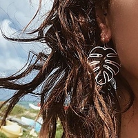 palm leaf earrings large monstera gold line dangle earrings bohemian summer festvial jewelry for women girls (silver)