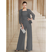 Pantsuit / Jumpsuit Mother of the Bride Dress Elegant Bateau Neck Ankle Length Chiffon Lace Sleeveless with Appliques 2020