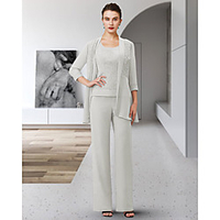 Pantsuit / Jumpsuit Mother of the Bride Dress Elegant Jewel Neck Ankle Length Chiffon Lace 3/4 Length Sleeve with Appliques 2020