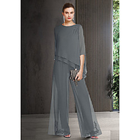 Pantsuit / Jumpsuit Mother of the Bride Dress Elegant Jewel Neck Floor Length Chiffon 3/4 Length Sleeve with Appliques 2021 miniinthebox