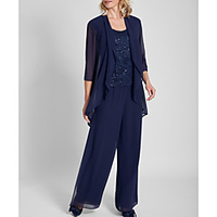 Pantsuit / Jumpsuit Mother of the Bride Dress Elegant Jewel Neck Floor Length Chiffon Lace 3/4 Length Sleeve with Appliques 2020