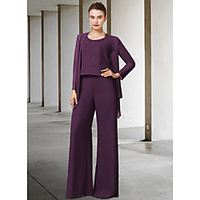 Pantsuit / Jumpsuit Mother of the Bride Dress Elegant Jewel Neck Floor Length Chiffon Lace Sleeveless with Appliques 2020