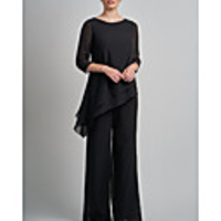 Pantsuit / Jumpsuit Mother of the Bride Dress Elegant Plus Size Jewel Neck Floor Length Chiffon 3/4 Length Sleeve with Lace 2020 Mother of the groom dresses