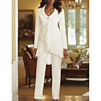 Pantsuit / Jumpsuit Mother of the Bride Dress Elegant Plus Size V Neck Floor Length Polyester Long Sleeve with Lace 2020 Mother of the groom dresses