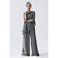 Pantsuit / Jumpsuit Mother of the Bride Dress Plus Size Jewel Neck Floor Length Chiffon 3/4 Length Sleeve with Draping 2020 Mother of the groom dresses