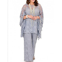 Pantsuit / Jumpsuit Mother of the Bride Dress Plus Size Jewel Neck Floor Length Chiffon Long Sleeve with Lace 2021 miniinthebox