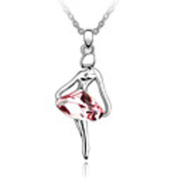 Pink Shining Crystal And Platinum Plated Alloy Ballerina Girl Shaped Pendant Necklace