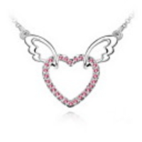 Pink Shining Crystal And Platinum Plated Alloy Winged Heart Pendant Necklace