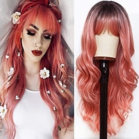 Pink Wavy Wig Glueless Natural Wigs Long Wigs Body Wave Synthetic 100% Temperature Fiber Hair Wig With Bangs For Women 22 Inch Dark Root Ombre Pink Hair Wigs miniinthebox