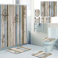 Plank Anchor Printed Bathtub Curtain Liner Covered With Waterproof Fabric Shower Curtain For Bathroom Home Decoration With Hook Floor Mat And Four-piece Toilet Mat