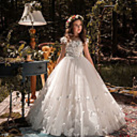 Princess / Ball Gown Court Train Wedding / Party Flower Girl Dresses - Tulle Short Sleeve Jewel Neck with Lace / Appliques