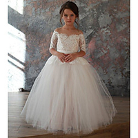 Princess / Ball Gown Floor Length Wedding / Party Flower Girl Dresses - Lace / Tulle Half Sleeve Off Shoulder with Bow(s) / Solid