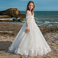 Princess / Ball Gown Floor Length Wedding / Party Flower Girl Dresses - Lace / Tulle Long Sleeve Jewel Neck with Pleats / Appliques