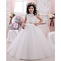Princess / Ball Gown Floor Length Wedding / Party Flower Girl Dresses - Lace / Tulle Sleeveless Jewel Neck with Sash / Ribbon / Pleats / Solid