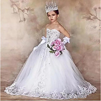 Princess / Ball Gown Floor Length Wedding / Party Flower Girl Dresses - Tulle / Sequined Sleeveless Strapless with Bow(s) / Crystals / Appliques