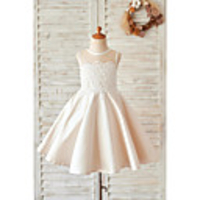 Princess / Ball Gown Knee Length Wedding / Birthday Flower Girl Dresses - Lace / Satin Sleeveless Jewel Neck with Buttons / Appliques