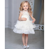 Princess / Ball Gown Knee Length Wedding / Party Flower Girl Dresses - Lace / Tulle Sleeveless Jewel Neck with Tier / Appliques
