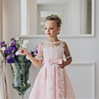 Princess / Ball Gown Knee Length Wedding / Party Flower Girl Dresses - Lace Short Sleeve Jewel Neck with Bow(s) / Appliques