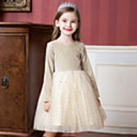 Princess / Ball Gown Knee Length Wedding / Party Flower Girl Dresses - Tulle / Velvet Long Sleeve Jewel Neck with Splicing / Paillette