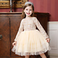 Princess / Ball Gown Knee Length Wedding / Party Flower Girl Dresses - Tulle Long Sleeve Jewel Neck with Ruffles / Tier