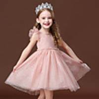 Princess / Ball Gown Short / Mini Wedding / Party Flower Girl Dresses - Tulle Short Sleeve Jewel Neck with Ruffles / Paillette