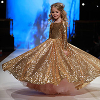 Princess / Ball Gown Sweep / Brush Train Party / Pageant Flower Girl Dresses - Sequined Long Sleeve Jewel Neck with Paillette