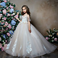 Princess / Ball Gown Sweep / Brush Train Wedding / Party Flower Girl Dresses - Lace / Tulle Short Sleeve V Neck with Bow(s) / Appliques
