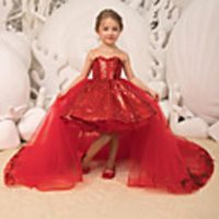 Princess / Ball Gown Sweep / Brush Train Wedding / Party Flower Girl Dresses - Lace / Tulle Sleeveless Illusion Neck with Bow(s) / Tier / Paillette