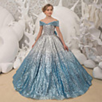 Princess / Ball Gown Sweep / Brush Train Wedding / Party Flower Girl Dresses - Sequined Short Sleeve Off Shoulder with Bow(s) / Pleats