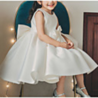 Princess / Ball Gown Tea Length Wedding / Party Flower Girl Dresses - Satin Sleeveless Jewel Neck with Bow(s) / Pleats