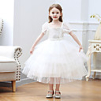 Princess / Ball Gown Tea Length Wedding / Party Flower Girl Dresses - Tulle Short Sleeve Square Neck with Cascading Ruffles