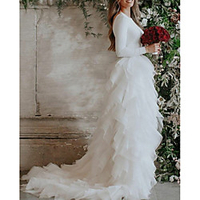 Princess A-Line Wedding Dresses Jewel Neck Sweep / Brush Train Tulle Stretch Fabric Long Sleeve Country Romantic with Cascading Ruffles 2020