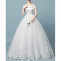 Princess A-Line Wedding Dresses Off Shoulder Floor Length Lace Tulle Short Sleeve Romantic with Pleats 2020