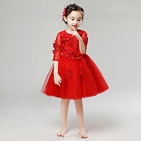 Princess Above Knee Birthday / Holiday Flower Girl Dresses - Lace / Tulle Half Sleeve Jewel Neck with Lace / Tier / Appliques