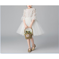 Princess Above Knee Event / Party / Homecoming Flower Girl Dresses - Lace / Tulle Half Sleeve Jewel Neck with Lace / Solid