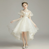 Princess Asymmetrical Wedding / Event / Party Flower Girl Dresses - Tulle Short Sleeve Jewel Neck with Sash / Ribbon / Buttons / Appliques
