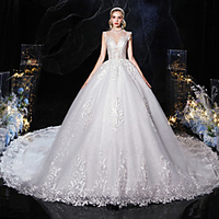Princess Ball Gown Wedding Dresses Jewel Neck Chapel Train Tulle Sleeveless Formal Romantic Luxurious with Pleats Appliques 2020