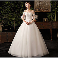 Princess Ball Gown Wedding Dresses Jewel Neck Floor Length Lace Tulle Half Sleeve Formal Romantic Luxurious with Appliques 2020