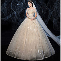 Princess Ball Gown Wedding Dresses Jewel Neck Floor Length Lace Tulle Sequined Short Sleeve Formal Luxurious Sparkle Shine with Appliques 2020