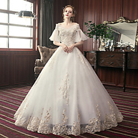 Princess Ball Gown Wedding Dresses Off Shoulder Floor Length Lace Tulle Short Sleeve Formal Romantic Sparkle Shine with Sequin Appliques 2020