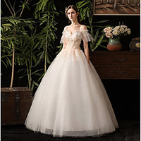 Princess Ball Gown Wedding Dresses Sweetheart Neckline Floor Length Lace Tulle Short Sleeve Formal Romantic Luxurious with Appliques 2020