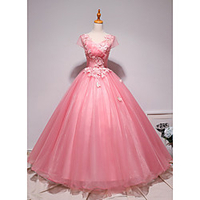 Princess Ball Gown Wedding Dresses V Neck Floor Length Lace Tulle Short Sleeve Formal Romantic with Appliques 2020