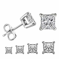 princess cut cubic zirconia stud earrings stainless steel square earrings set 4 pairs 3mm-6mm (silver)
