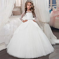 Princess Floor Length Christmas / Birthday / First Communion Flower Girl Dresses - Chiffon / Lace / Tulle Long Sleeve Jewel Neck with Lace / Crystals / Rhinestones miniinthebox