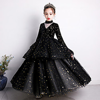 Princess Floor Length Event / Party / Formal Evening Flower Girl Dresses - Tulle Long Sleeve High Neck with Tier / Solid / Splicing