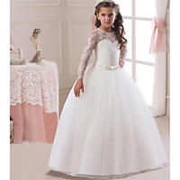 Princess Long Length Wedding / First Communion Flower Girl Dresses - Lace / Satin / Tulle Long Sleeve Jewel Neck with Lace / Belt miniinthebox