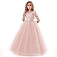Princess Long Length Wedding / Party / Pageant Flower Girl Dresses - Lace / Tulle Half Sleeve Jewel Neck with Lace / Belt
