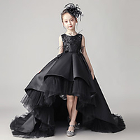 Princess Sweep / Brush Train / Asymmetrical Party / Event / Party Flower Girl Dresses - Satin Sleeveless Jewel Neck with Buttons / Pleats / Tier